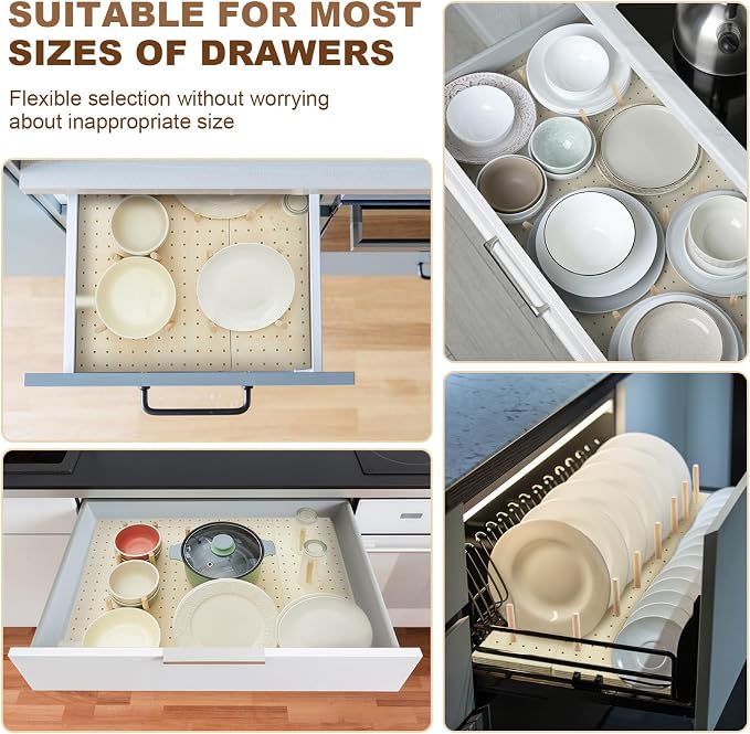 Kigley 3 Pcs Wood Pegboard Drawer Organizer with 32 Pegs Wooden Peg Board Drawer Shelf Organizer Adjustable Peg System for Dishes Plate Pot Container Cookware Utensil Kitchen(Wood,17 x 5.91 in)