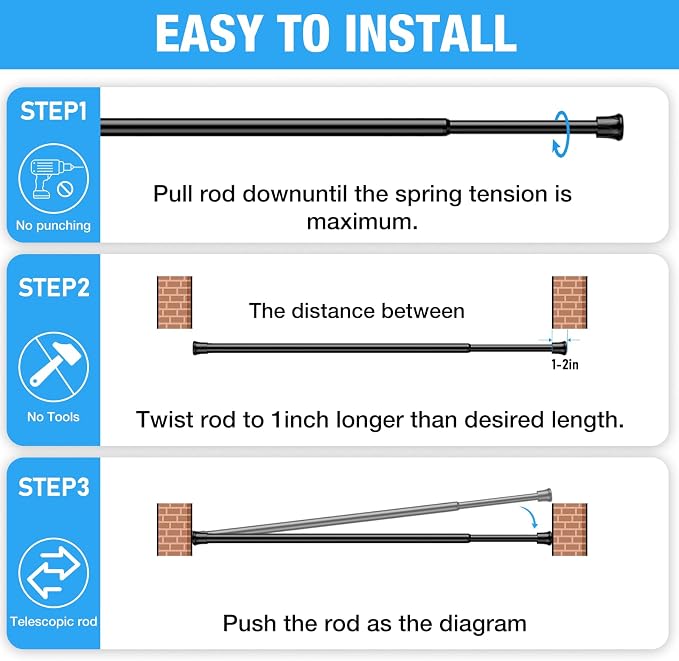 6 Pack Spring Tension Curtain Rods 27-38 Inches,5/8" Diameter Black Spring Load Adjustable Expandable,Small Short Tension Curtain Rod for Windows,Kitchen,Doorway,Bathroom,Cupboard Bars