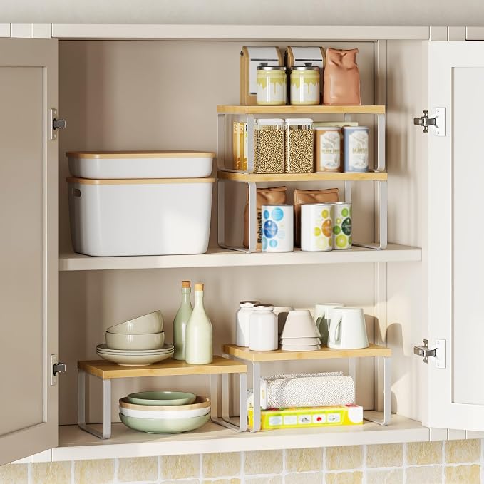 HOOBRO Cabinet Organizer Shelf, Set of 4 Kitchen Counter Shelves, Expandable Kitchen Storage, Stackable Bamboo Spice Rack, for Kitchen, Countertop, Office Desk, Bathroom, Natural and White YW30TLP201