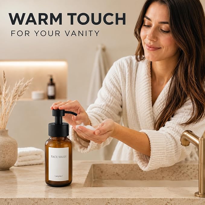 2 Pcs Amber Glass Foaming Soap Dispenser - 8.5 Oz Refillable Glass Foaming Hand Soap Dispenser, Non-Slip Bottom, 6 Moisture-Resistant Labels - Elegant Pump Bottles for Bathroom & Kitchen Counter Decor