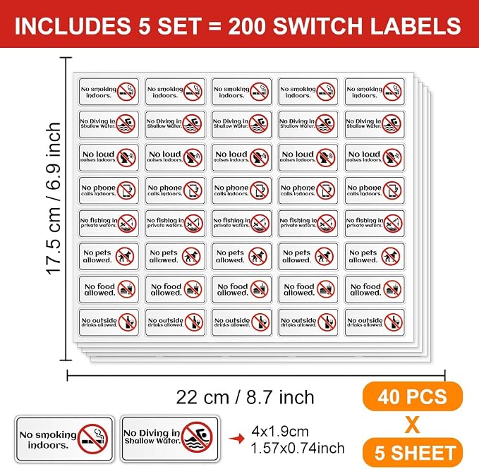 200 Pcs No Smoking Diving Loud Noises Sticker Labels, No Phone Safety Signs Labels Self Adhesive Vinyl Stickers for Public Areas Office Restaurant Swimming Area, 19x38mm