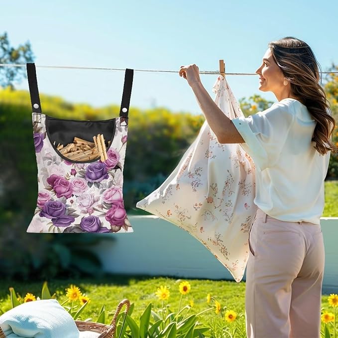 Purple Rose Handy Laundry Clothespin Bag Holds 100 Medium-Sized Clothes Pins, Waterproof Polyester Material, 2 Ropes for Hanging and Effortlessly Sliding on Clothesline