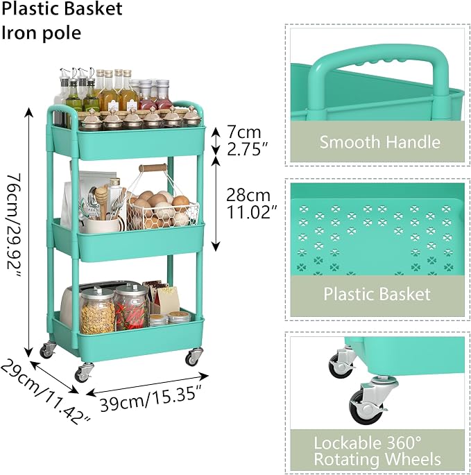 Sywhitta 3-Tier Plastic Rolling Utility Cart with Handle, Multi-Functional Storage Trolley for Office, Living Room, Kitchen, Movable Storage Organizer with Wheels, Green