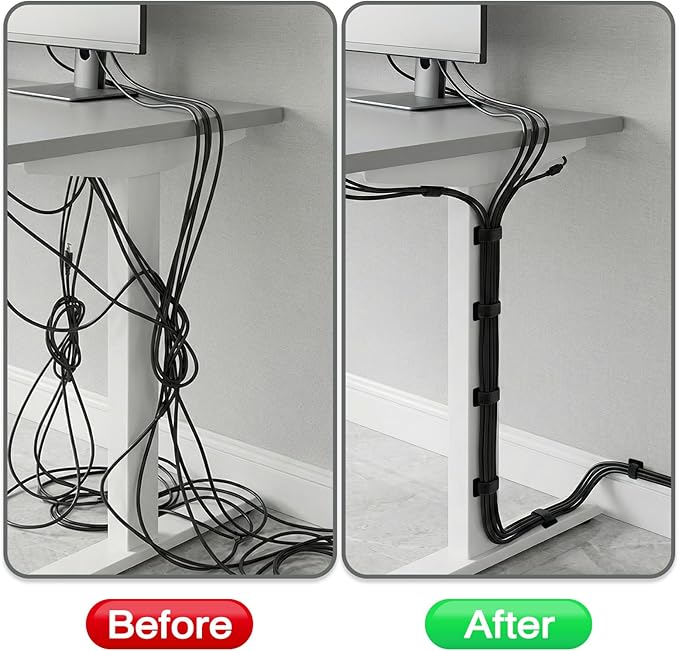 Cable Management Under Desk,Detachable Cable Management,Adjustable Hook and Loop Cable Ties,Reusable Cable Management Under Desk,Cable Clips Under Desk,20Pack(Black)