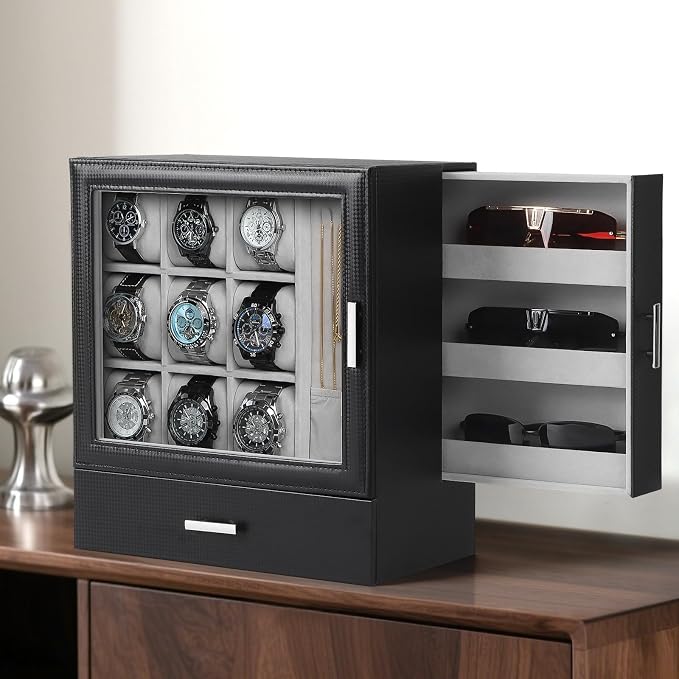 Kukikan 9-Slot Watch Display Case with Necklace Display, High End Men Jewelry Box w/Drawer, Standing Watch Box for Men w/Clear Lid, Watch Case for Sunglasses, Vertical Storage, Fathers Day Gift