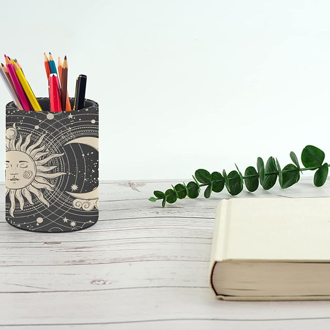 Tarot Celestial Boho Pen Holder Pencil Cup for Desk Organizer | Cute Makeup Brush Holder PU Multifunctional Office Suppliesfor Decor Home Classroom School