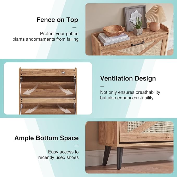 Barnyatoh Shoe Storage Cabinet, Boho Shoe Organizer with 2 Flip Drawers & Rattan Design,Farmhouse Freestanding Hidden Slim Narrow Shoe Rack Cabinet for Entryway, Foyer,Hallway, Natural