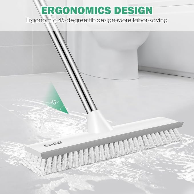 SetSail Upgraded Large Wide Floor Scrub Brush with 51-Inch Long Adjustable Handle 2 in 1 Scrape Brush Stiff Bristle Floor Scrubber for Cleaning Shower Bathroom Kitchen Wall Deck Tub Tile,Grey White