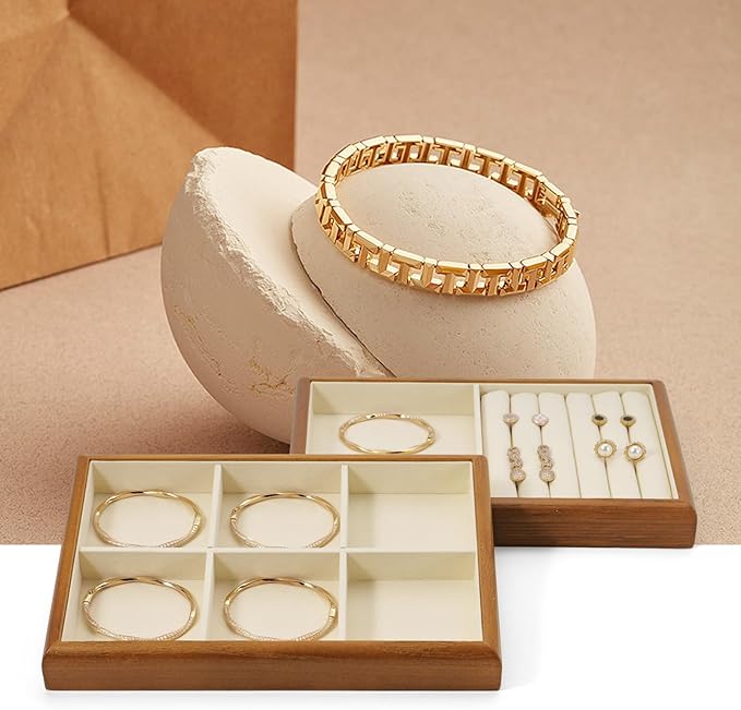 Oirlv Solid Wood Multifunctional Ring Earrings Studs Bangle Jewelry Organizer Tray Jewelry Drawer Organizer(Creamy White)