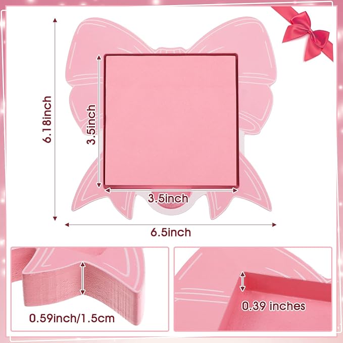 Pink Bow Sticky Note Holder Large Wood Notepad Dispenser 3 x 3 Sticky Notes Organizer Cute Self Stick Memo Pad Holder for Desk Office Back to School Gift, No Pads Included