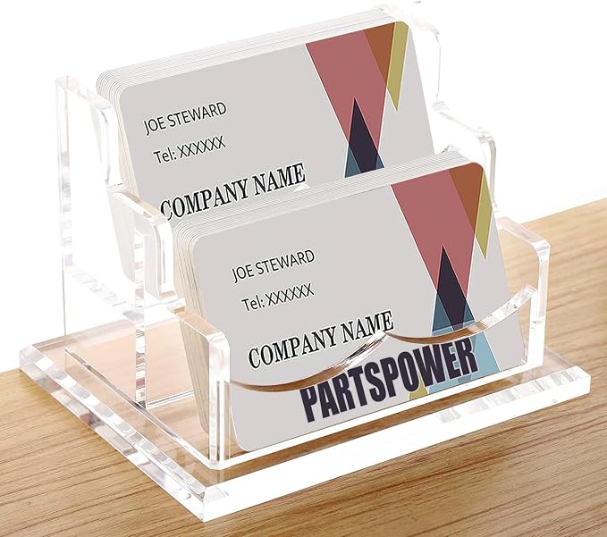 PARTSPOWER Acrylic Business Card Holder for Desk, Horizontal Clear Business Name Card Display Stand, Desk Accessory Business Name Card Organizer (Horizontal, 2-Slot)