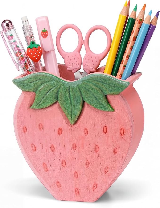 Mifoci Strawberry Pencil Holder Cute Pen Holder for Desk Organizer Wooden Pencil Cup Pink Berry Aesthetic Makeup Brush Storage, Back to School and End of Year Gift