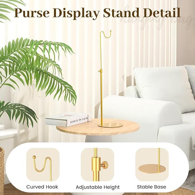 Purse Display Stand Handbag Holder, Gold Metal Adjustable | Tall Hanging-hook for Banners Purse Bag Necklace Organizer for Tabletop Closet Retail Vendors Use
