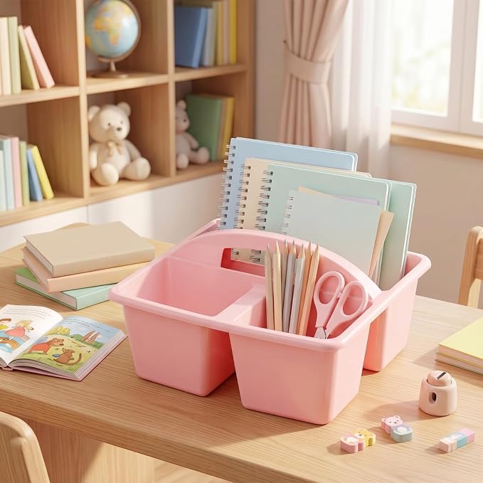 Kathfly 6 Pack Classroom Caddy Organizer with Handle, Plastic Art Craft Cleaning Caddy Bulk, Small Multipurpose Supply Organization Storage Basket for Table Desk Office Pencil Teacher (Macaron Color)