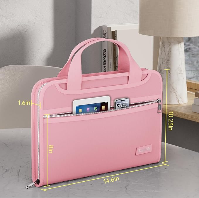 Tamfile Fireproof Accordion File Organizer with Handle, 13 Pocket Colorful Expanding File Folder with Zipper & Labels, File Folder with Multi-Pockets Paper Organizer Folder for Letter A4 Files (Pink)
