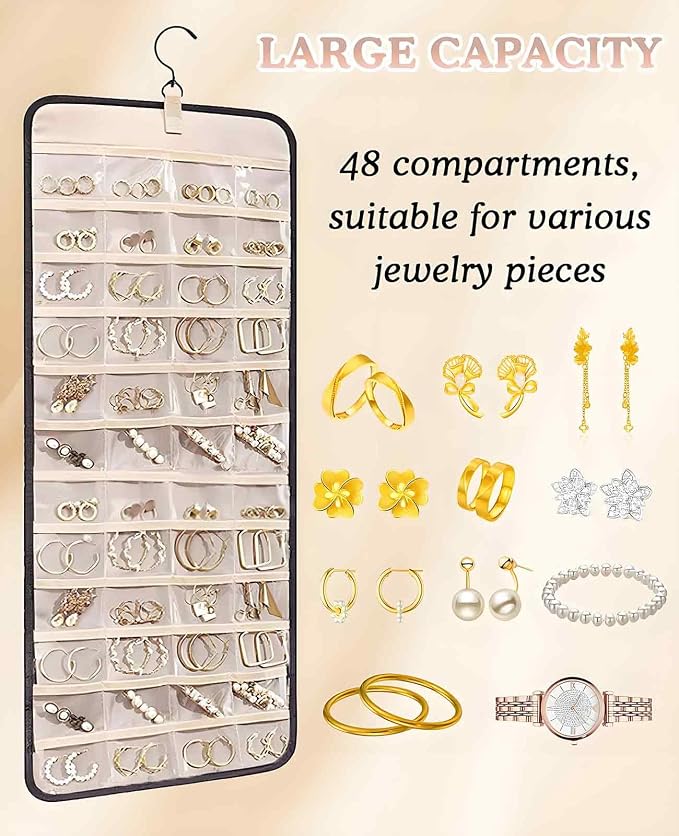 2 Pack Hanging Jewelry Organizer for Closet, Double Sided 36 Necklace Hooks 48 Pockets Holder