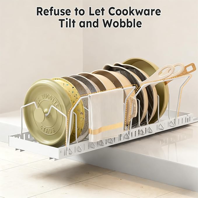DTUQYX Pots and Pans Organizer Under Cabinet - 2 Pack Pull Out Expandable Pan Organizer Rack with Adjustable 20 Dividers,Cookware Storage Rack for Pots,Pans,Lids,Kitchen Cabinet Space Saving