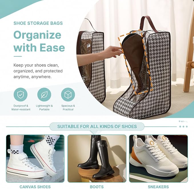 Boot Storage Bag Organizer,Dustproof Boot Bags for Cowboy Boots,Portable Travel Shoe Protector Bags,Tall Boot Covers Storage Organizer for Packing (1 Short + 2 Long Houndstooth)