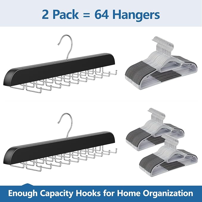 2 Pack Tie Rack & Belt Hanger 2 in 1 Tie Hanger Space Saving Max 42 Belts& 60 Ties (Black, 2 Pack Tie Hangers)