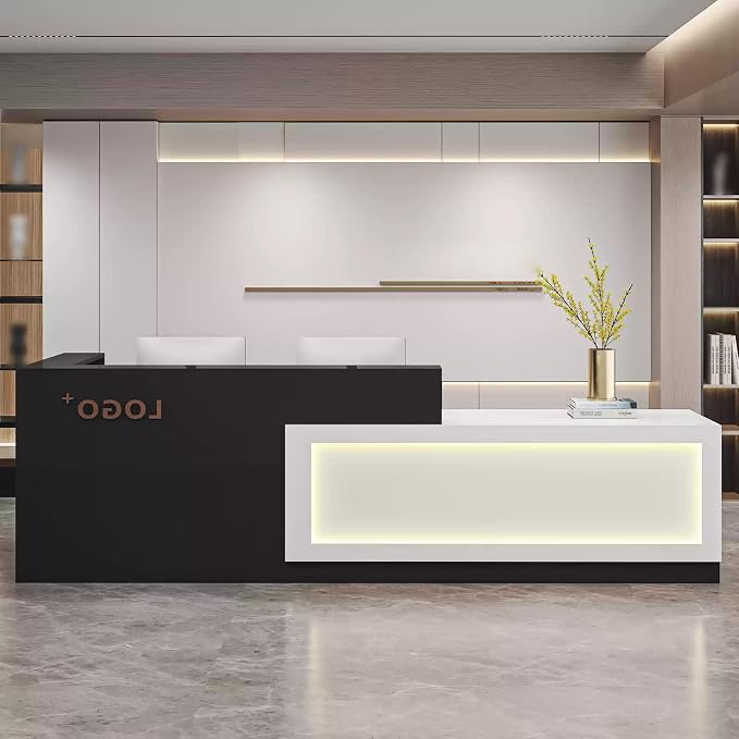 Modern Reception Desk with Counter, Front Desk Reception Counter with Lockable Drawer, Keyboard Tray & Storage Cabinet, Solid Wood Receptionist Table for Salon Office Lobby (A - Right, L 2.2m/86in)