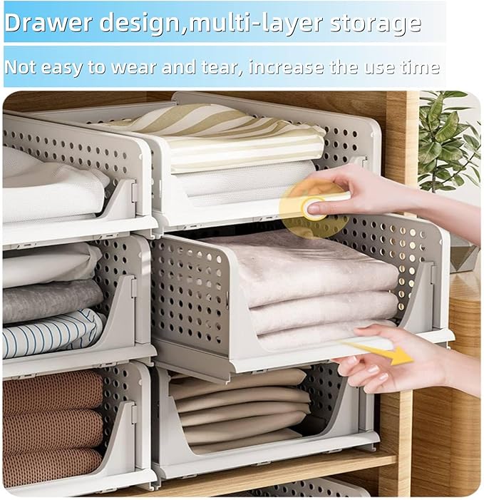 Multi-Functional Stackable Plastic Storage Baskets - 4 Pack Foldable Closet Organizers for Wardrobe, Kitchen, Bathroom, Office, Dorm - Easy Assembly