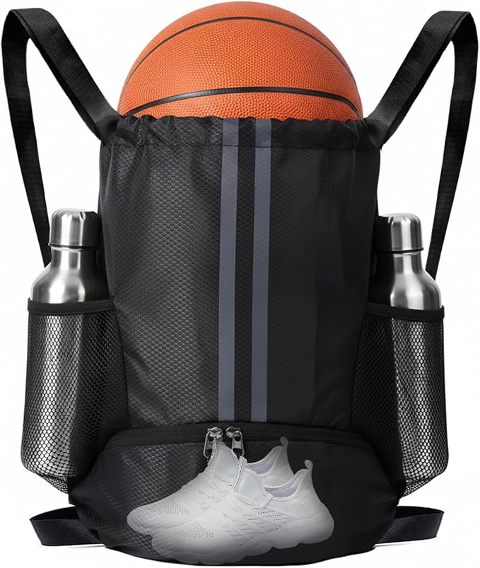 Sports Drawstring Backpack with Shoes Compartment, String Gym Bag with Wet Proof Pocket for Basketball, Soccer, Swim, Black Sport Bag for Men and Women