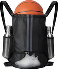 Sports Drawstring Backpack with Shoes Compartment, String Gym Bag with Wet Proof Pocket for Basketball, Soccer, Swim, Black Sport Bag for Men and Women
