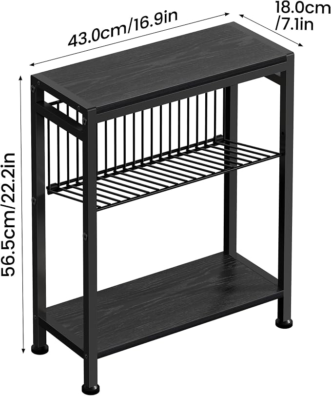Side Table for Small Spaces, Set of 2 Narrow End Table with Magazine Holder, 2 in 1 Design Slim Side Table, Skinny Nightstand for Living Room Bedroom, Thin Side Magazine Table, Black