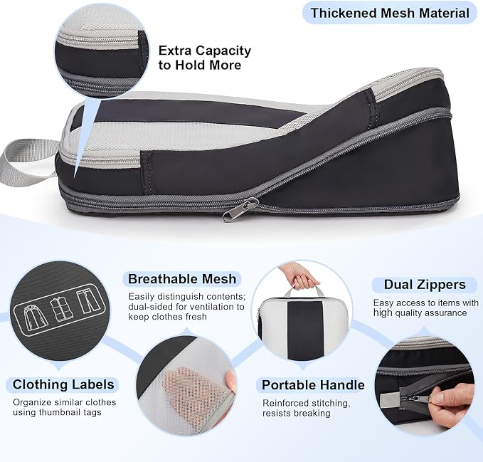 OlarHike 6 Set Compression Packing Cubes for Travel Essentials,Compressible Expandable Space Saver Bags for Organizing Clothes,Luggage Suitcase Garment Bags with Over 1000 pcs Mesh Holes(Black)