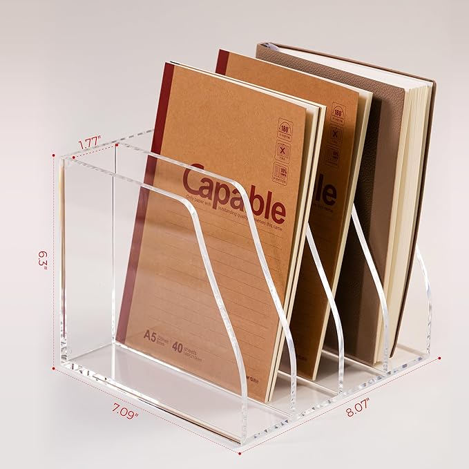 Acrylic File Folder Holder for Desk with Handles, 4-Slot Clear Desk Organizers and Accessories, Vertical Magazine File Sorter & Binder Holder, Desktop Book Organizer for Office, School & Home