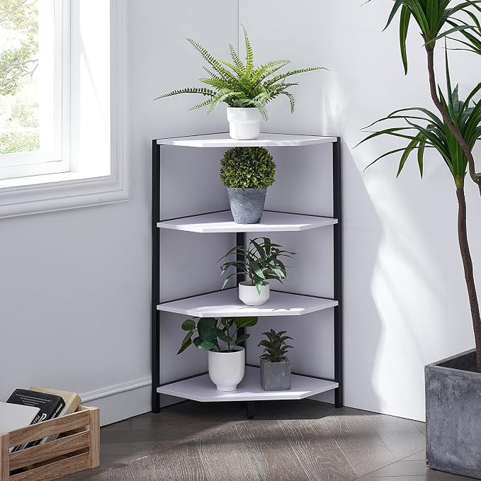VECELO 31 Inch Corner Shelf, 4-Tier Display Shelves, Wood Storage Stand with Metal Frame, Multipurpose Shelving Unit for Small Space, Home Office, White
