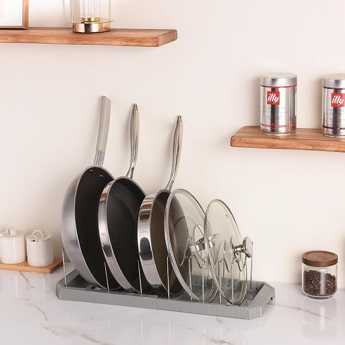Adjustable Pot Lid Organizer, 9 Compartment Cabinet Storage for Pans, Grey | Width adjusts 12 to 20 in, holds pots pans lids cutting boards, wire dividers, non-slip feet, space-saving for kitchen