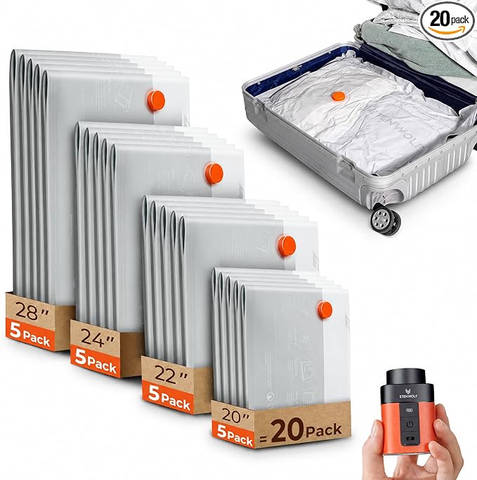 ETENWOLF 20 Pack Vacuum Seal Bags for Clothing with Rechargeable Wireless Pump,Travel Vacuum Storage Bags for Luggage and Suitcase Space Saver Compression Bags in 4 Carry-On Sizes (20/22/24/28Inch)