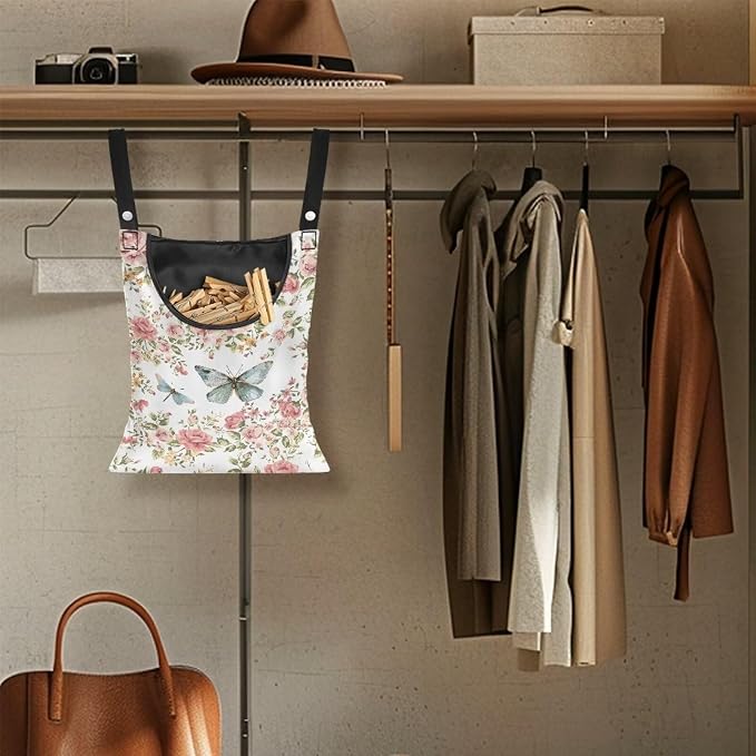 Butterfly Rose Space-Saving Laundry Clothespin Bag, Waterproof Polyester Material, 2 Rope for Hanging and Effortlessly Sliding on The Clothesline Clothespin Holder for Outdoor