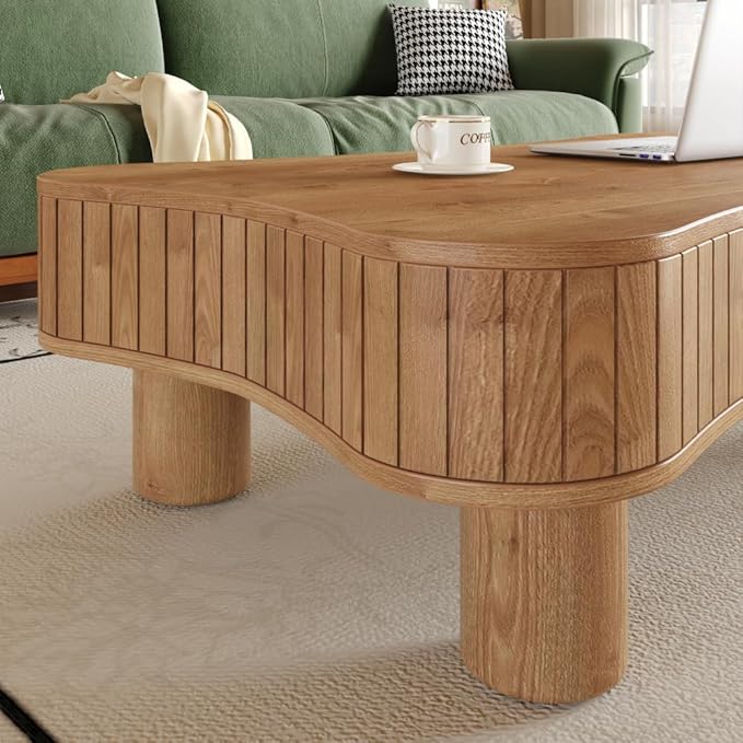 Lift Top Coffee Table with Hidden Storage Fluted Panel Silent Hydraulic Lift Curved Corners (Light Brown)
