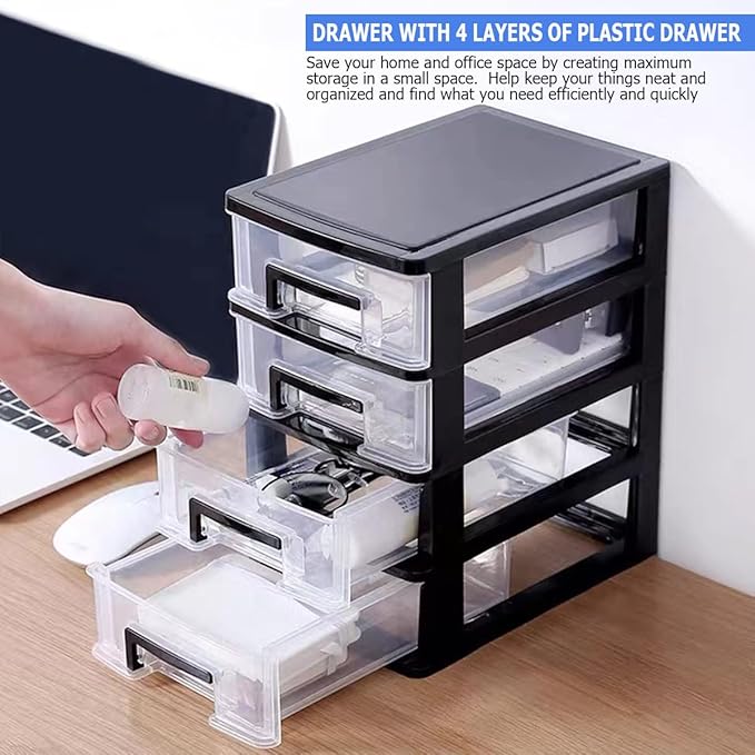 4 Tier Plastic Drawer Organizer Storage Box for Desk, Cosmetics, Jewelry, Office Supplies, Home Organization (8.46" x 5.9" x 9.84")