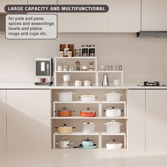 Magheo Expandable Kitchen Countertop Organizer, 1 Pack Stackable Cabinet Shelf Risers, Metal Spice Rack Heavy Duty Counter Organizer Storage for Kitchen, Pantry, Cupboard, Rv (8.7in Height,White)