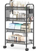 4 Tier Metal Rolling Utility Cart - Heavy Duty Storage Trolley with Pegboard, 4 Hooks & 1 Bin, Mobile Organizer Shelves for Bathroom Kitchen Office Craft Room Laundry, Black