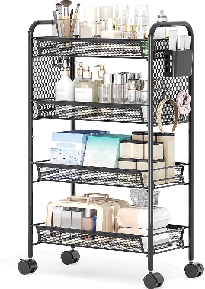 4 Tier Metal Rolling Utility Cart - Heavy Duty Storage Trolley with Pegboard, 4 Hooks & 1 Bin, Mobile Organizer Shelves for Bathroom Kitchen Office Craft Room Laundry, Black