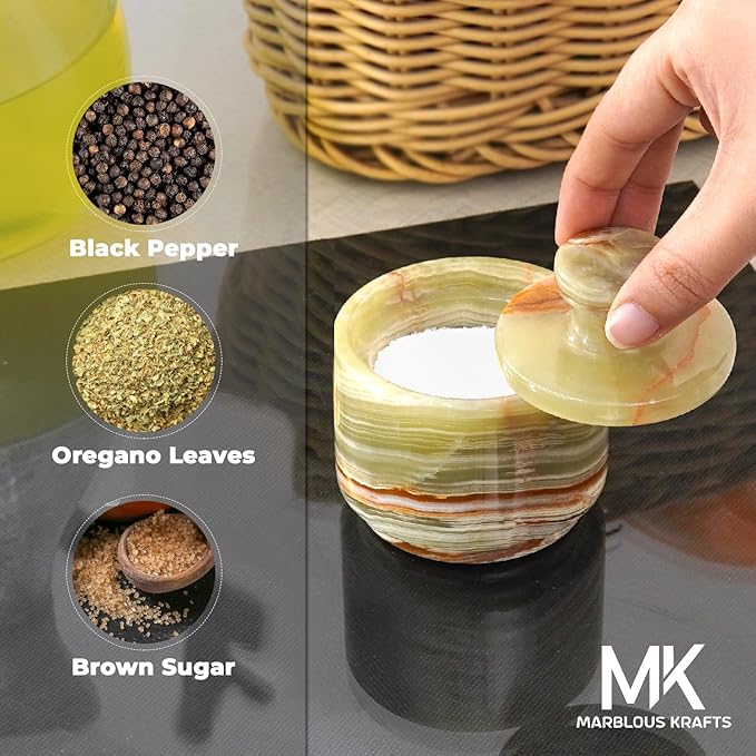 MARBLOUS KRAFTS Marble Salt Cellar with Lid 3" Green Onyx Stone Salt Holder for Counter & Stone Salt Container, Salt Dish, Salt Box & Spice Jar