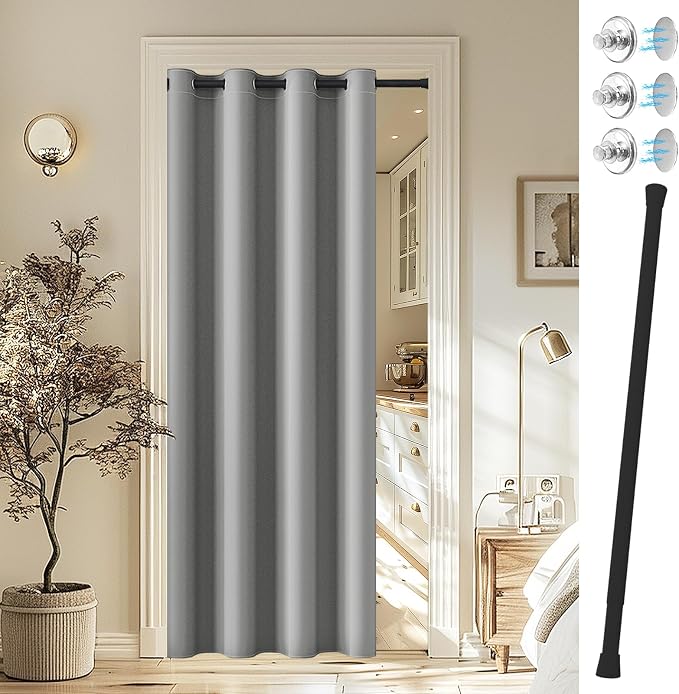 Vatge Magnetic Doorway Curtain for Privacy, Closet Curtain with Rod, Room Dividers for Closet Door and Sliding Door, 1 Panel, W42 x L80, Silver Gray