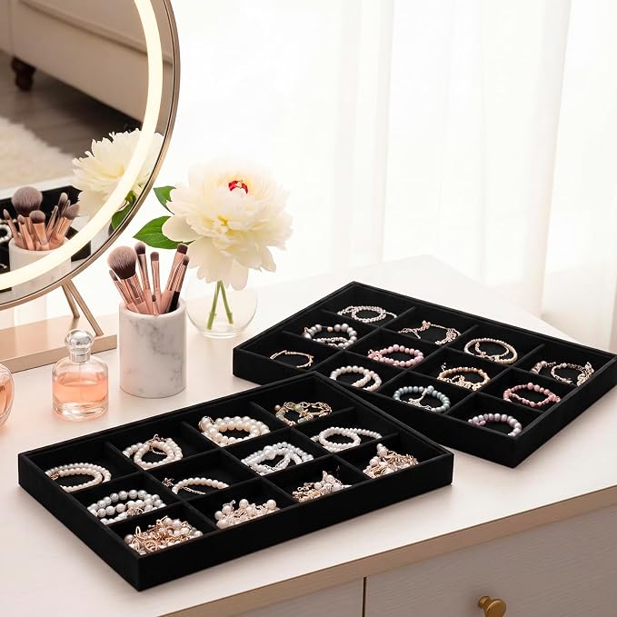 Cinnvoice 4 Pcs Stackable Jewelry Organizer Tray, 12 Grids Velvet Bracelet Ring Necklace Tray, Jewelry Organizer Trays for Drawer Display Selling Bangle Necklace Earring Showcase Storage(Black)