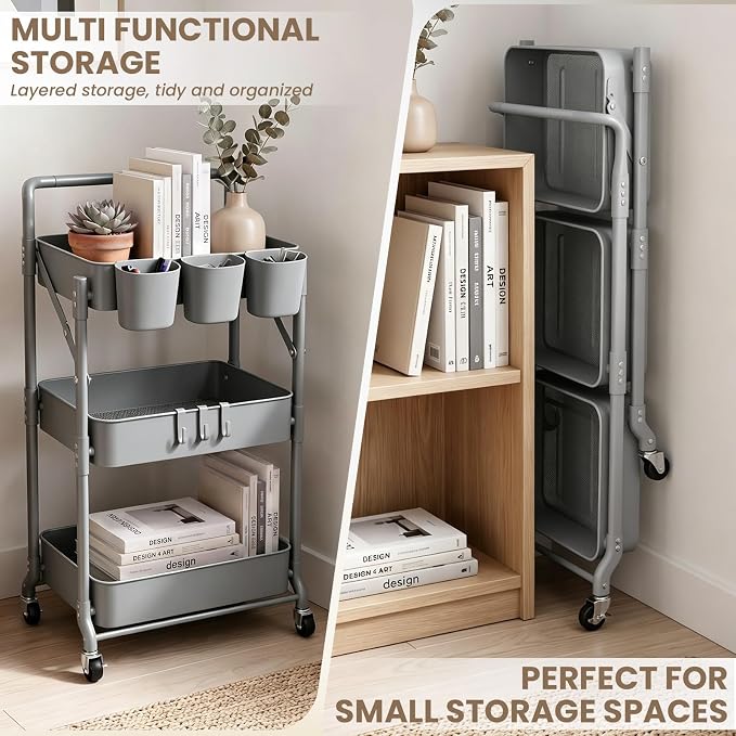 Foldable 3 Tier Metal Utility Rolling Cart, Folding Mobile Multi-Function Storage Trolley Organizer Cart for Home Library Office(Grey)
