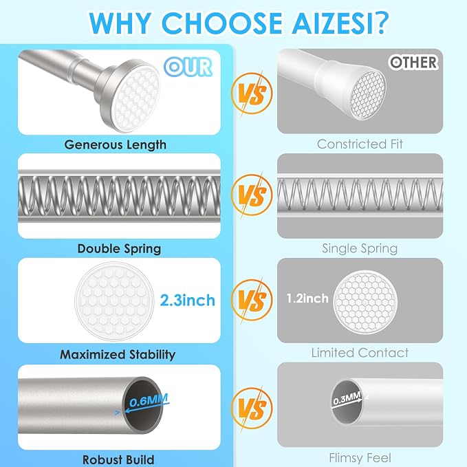 AIZESI Brushed Nickel Shower Curtain Rod, Adjustable 42-74 Inch Tension Shower Curtain Rod, 1" Diameter Shower Rod No Drilling, Anti-Slip, Premium Stainless Steel Anti-Rust