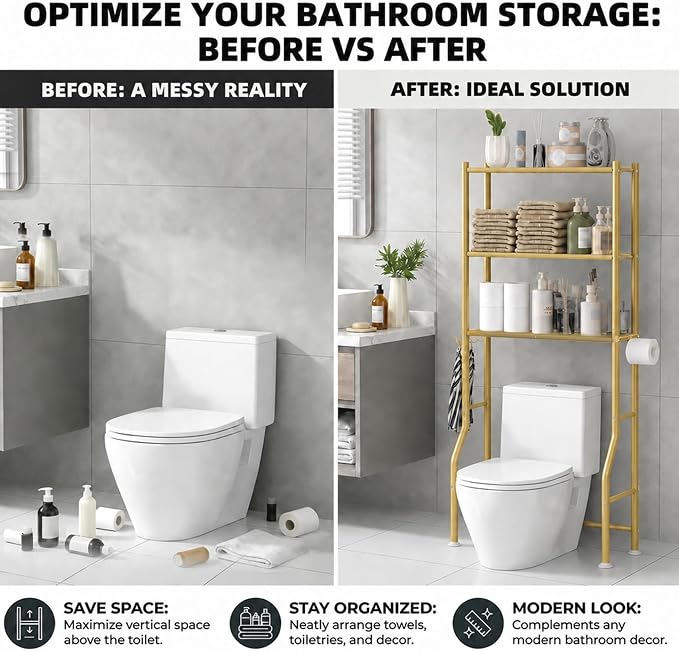 GloTika 3-Tier Over Toilet Storage with Anti-Tilt Safety System - 150lb Total Capacity Metal Bathroom Shelves Including Paper Holder & 4 Hooks, Space Saving Above Commode Organizer (64" H, Gold)