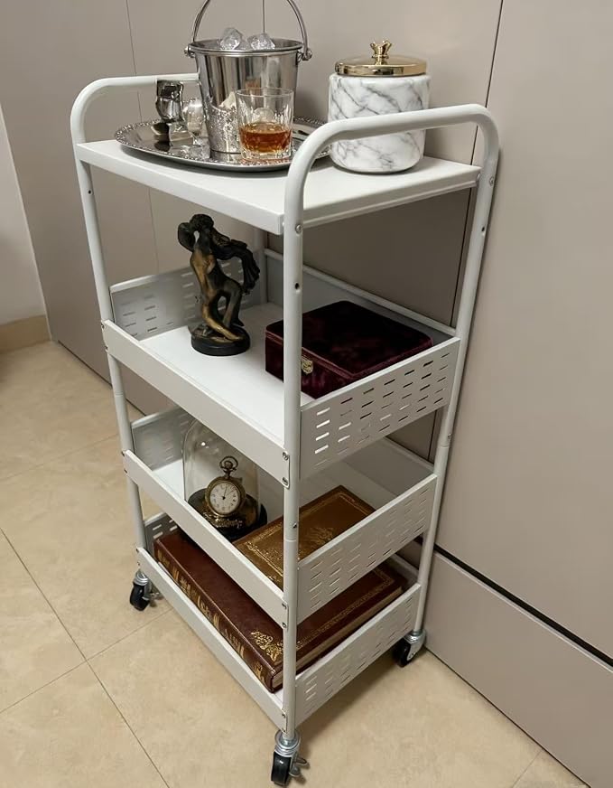 Stable 4 Tier Rolling Metal Storage Organizer, Heavy Duty Kitchen Rolling Cart, Metal Top Vegetable Storage Cart with Wheels for Kitchen Pantry Utility Use (White)