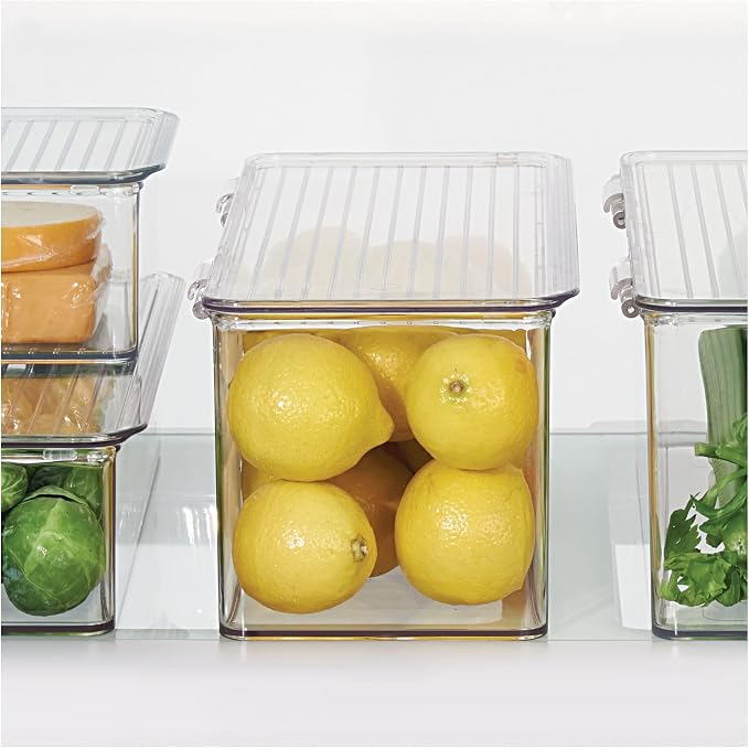 iDesign Plastic Stackable Hinged-Lid Storage Box, Set of 6, Clear | For Kitchen, For Bathroom, For Office