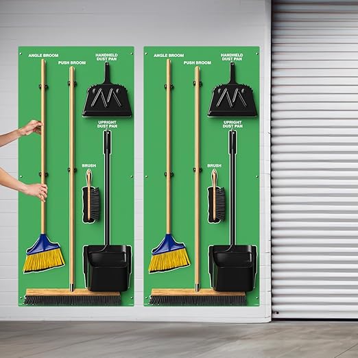 Clean & Sweep 5S Shadow Board/Wall Mount Broom Holder, 68" x 30" Board, 5S Cleaning Station - with Broom and Dustpan Set Included, Made in The USA by AccuformNMC, Green/Black, PSB716GNBK