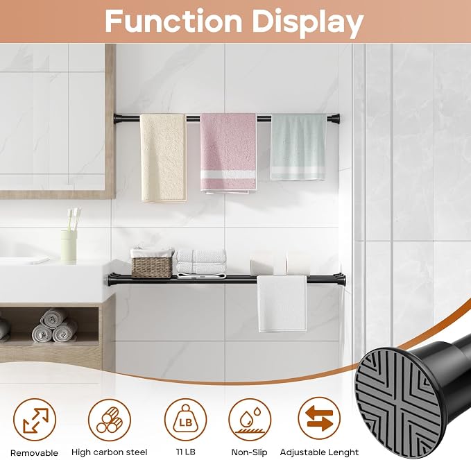 2 Pack Spring Tension Curtain Rods 24-46 Inches, Spring Loaded Curtain Rods No Drilling, Adjustable Expandable Tension Rod for Window Doorway Kitchen Curtain Bedroom Closet, Black