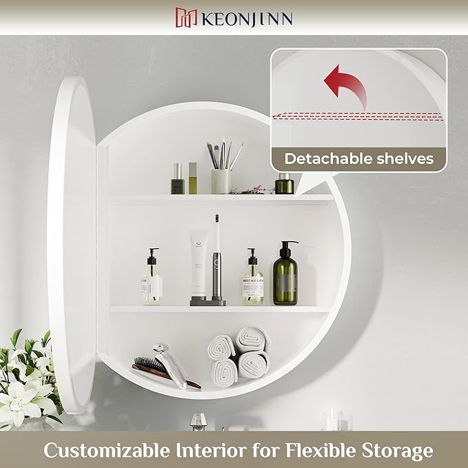 Keonjinn 20 Inch Round Medicine Cabinet with Mirror, White Surface Mount Only Mirror Medicine Cabinet, Modern Medicine Cabinets with Mirror, Metal Framed Bathroom Vanity Mirror with Storage